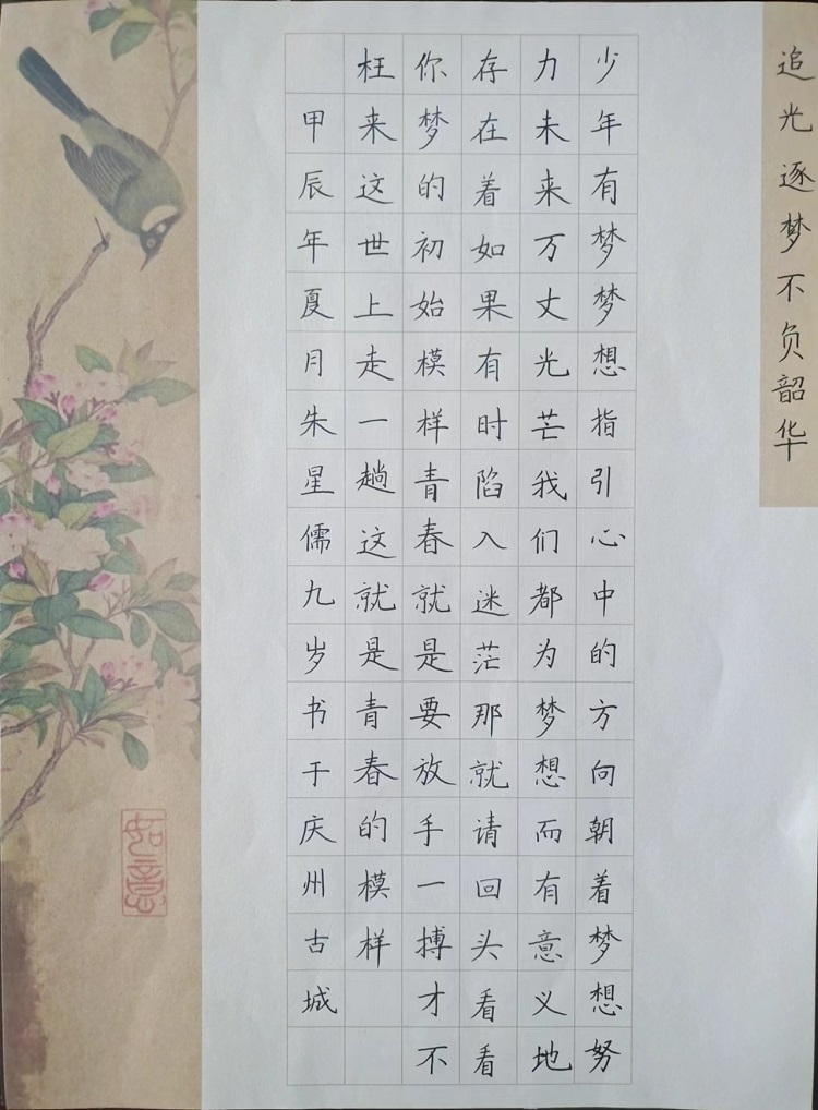 图为来自甘肃的朱星儒创作的书法作品《追光逐梦 不负韶华》。 .jpg