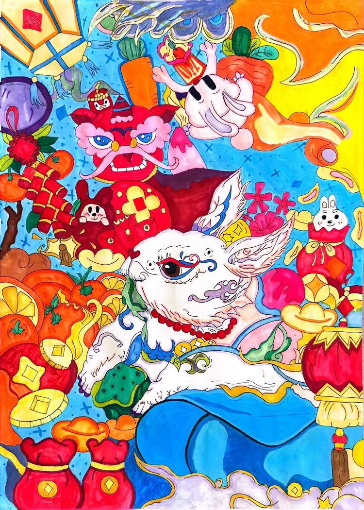 图为来自甘肃的高梓桐创作的绘画作品《兔年大吉》。.jpg