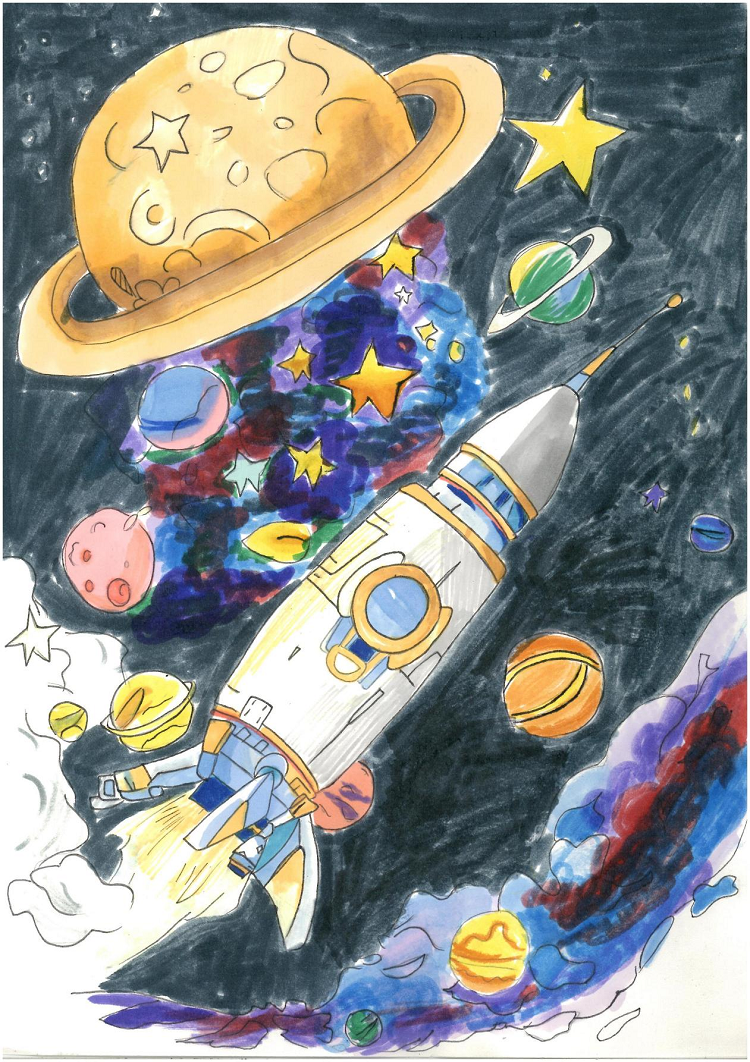 图为来自云南的顾宁珊创作的绘画作品《飞上太空》。.png