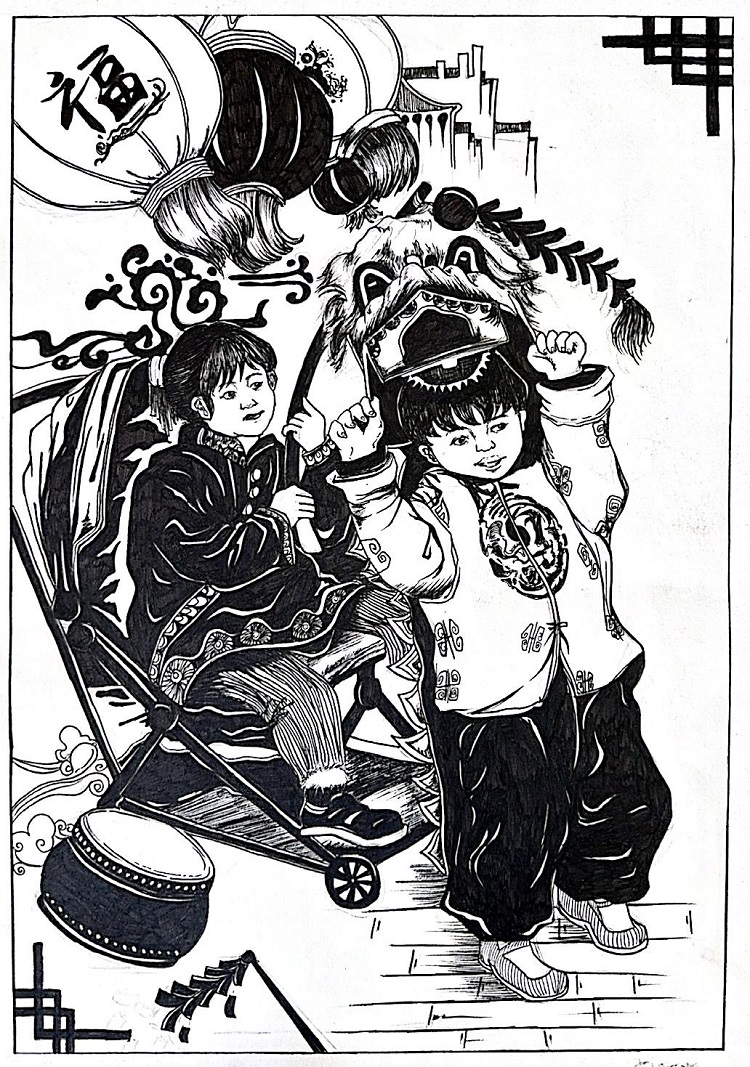 图为来自河北的李程璐创作的绘画作品《舞狮子》。.jpg