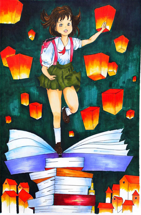图为来自云南的罗睿祺创作的绘画作品《书海梦灯》。.png