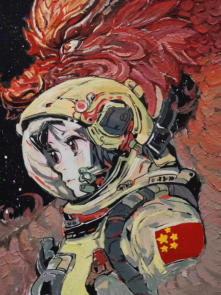 图为来自甘肃的范欣怡创作的绘画作品《炽热的航天梦》。 .jpg