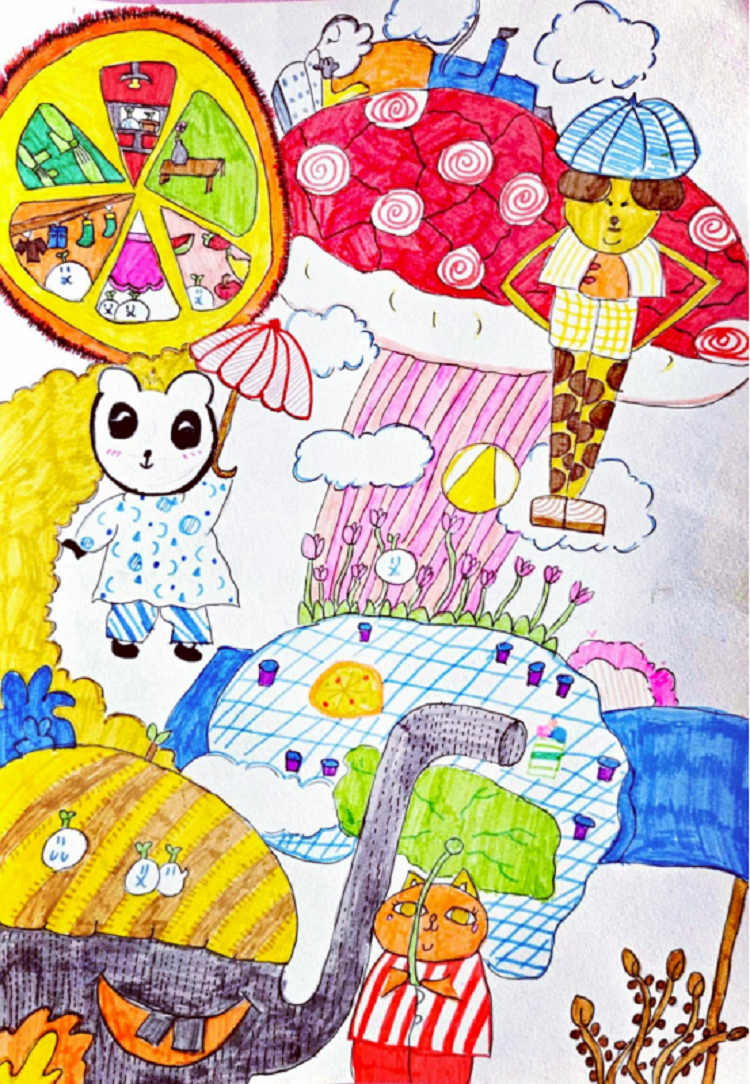 图为来自甘肃的周玟雨创作的绘画作品《童趣梦想园》。.png